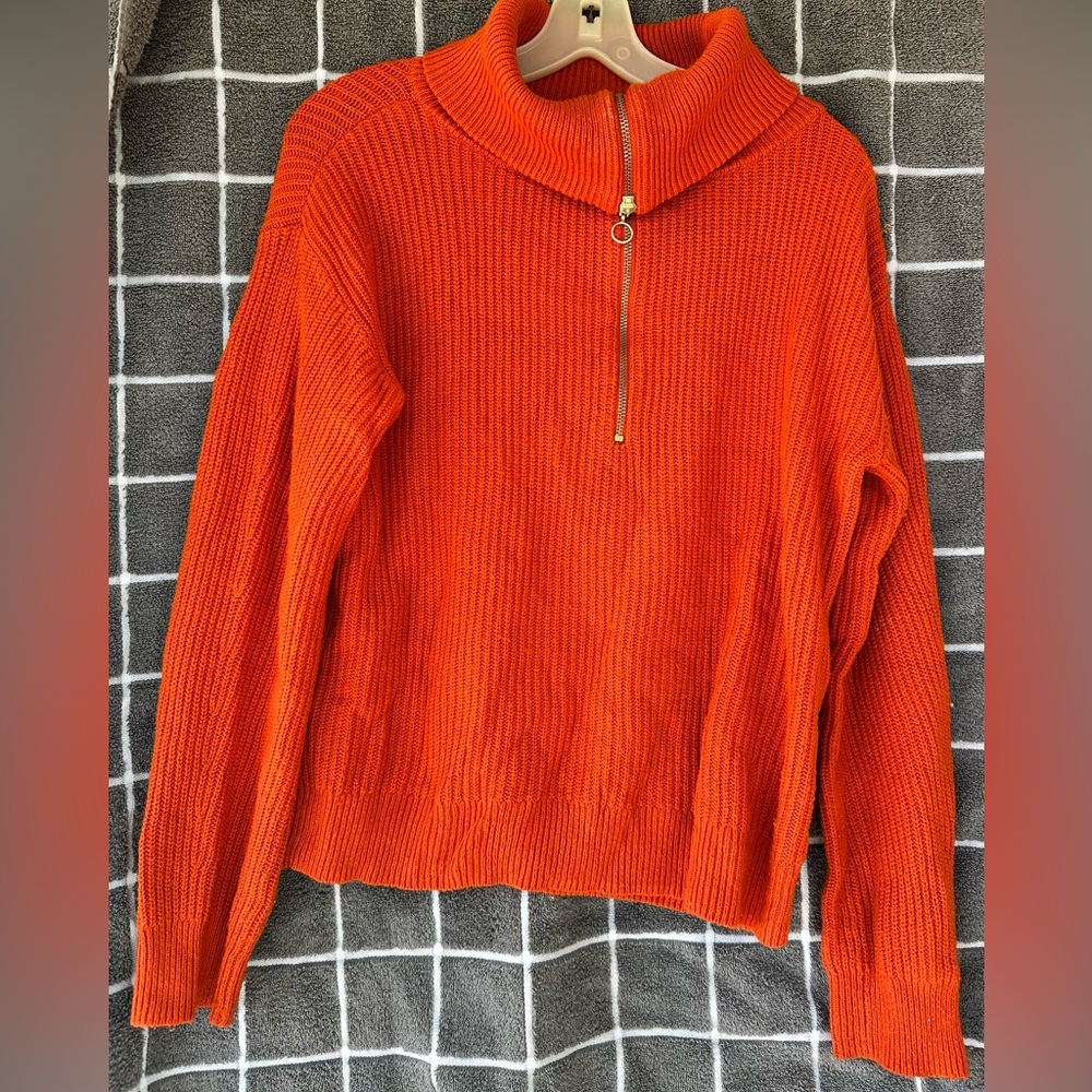 Talbots orange ribbed knit sweater with a zipper collar, size Small.